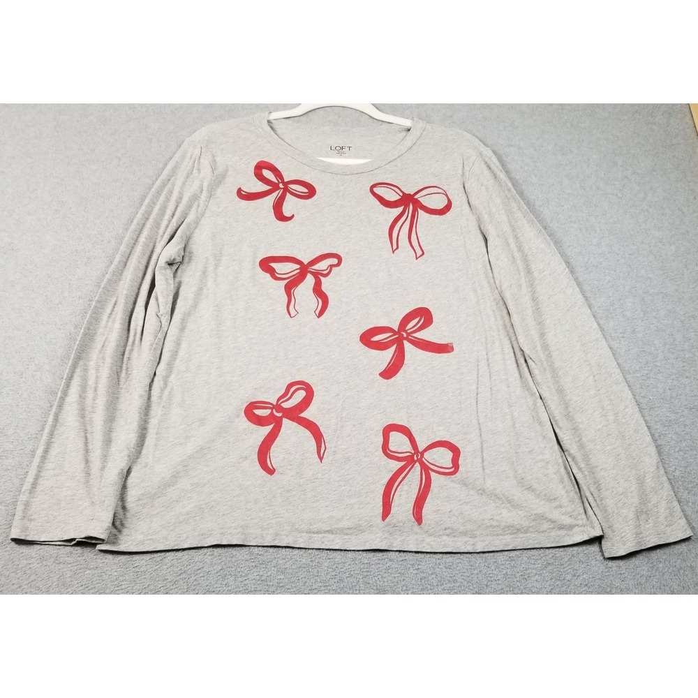 LOFT T-Shirt Women's XL Extra Large Gray Red Bow Print Cotton Top Long Sleeves‎